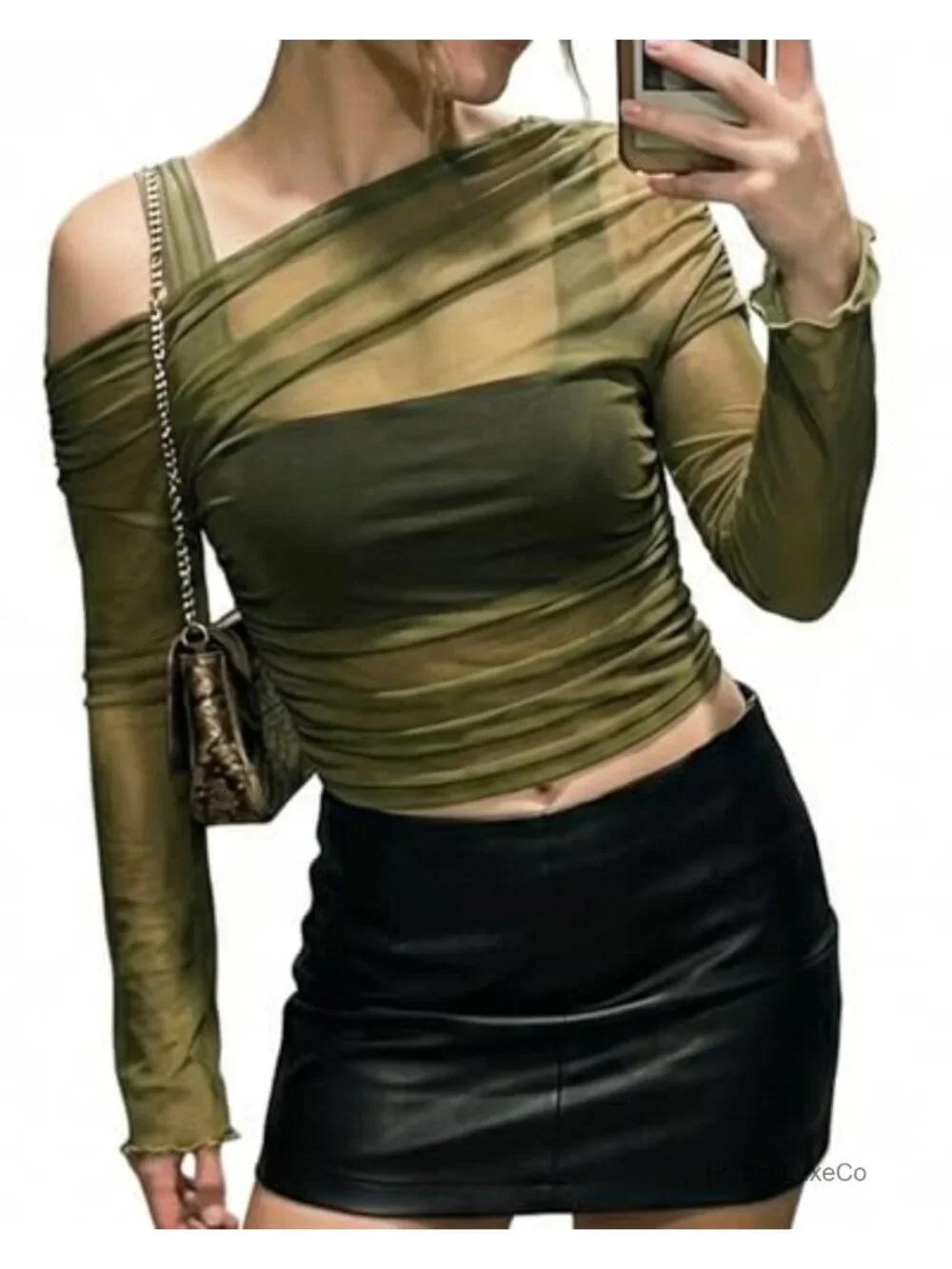 Off-Shoulder Mesh Ruched Long Sleeve Bodycon Crop Top Y2K